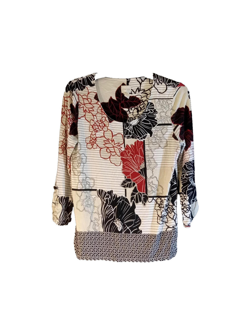 Chicos Top Women's Sz O Red Black Tan White Floral Print Long Sleeves Round Neck